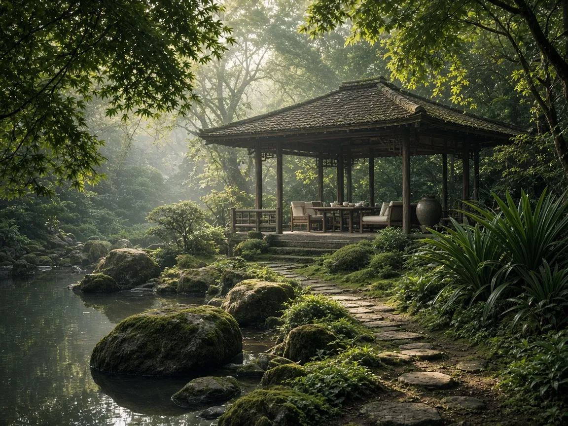 Concept placeholder of a quiet garden pavilion beside a pond